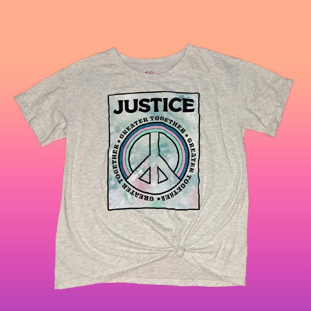Justice Girls Large Peace Sign Greater Together Gray Roll Cuff Side Tie Tee